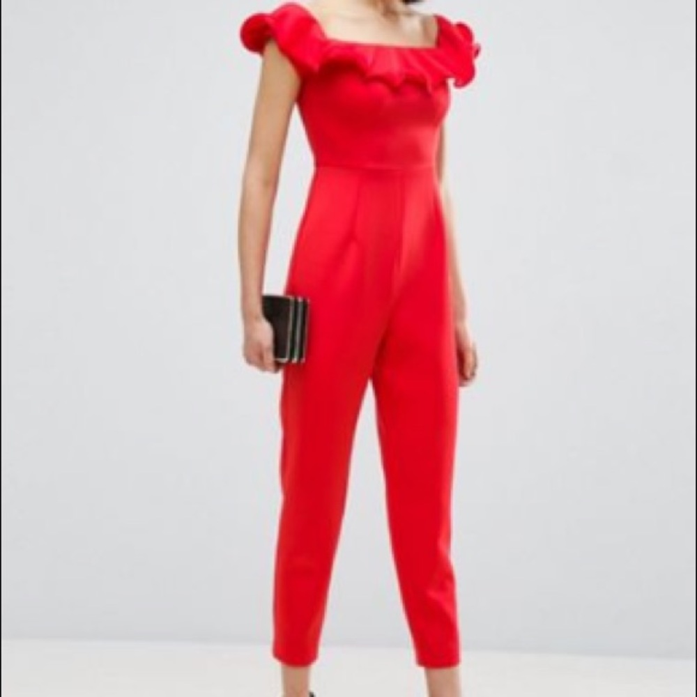 ASOS off shoulder jumpsuit in scuba